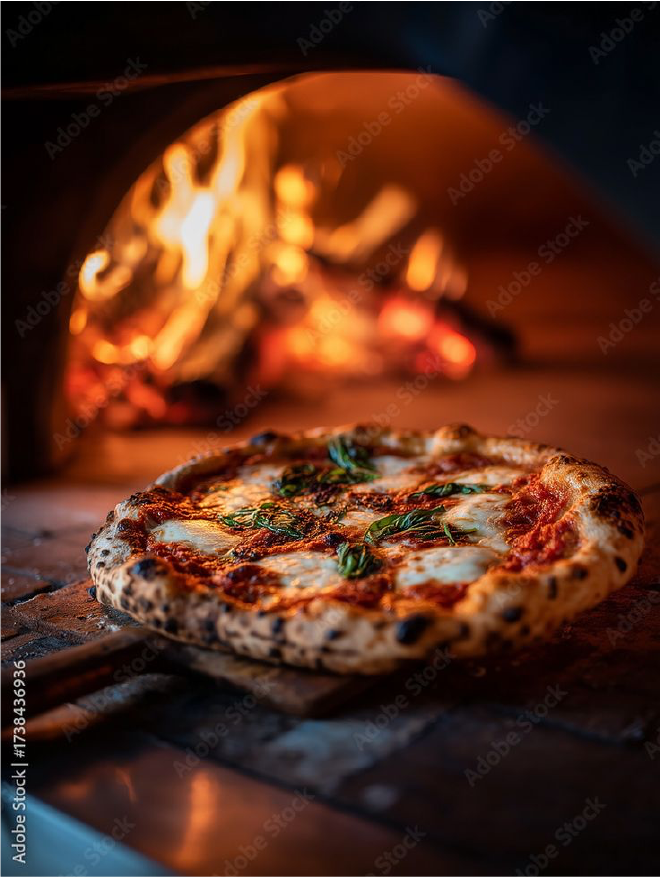 margherita pizza being launched into a wood fired pizza oven.