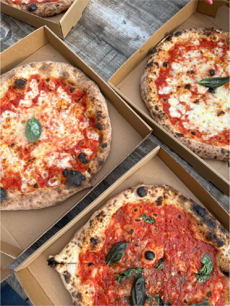 image of pizzas in pizza boxes.
